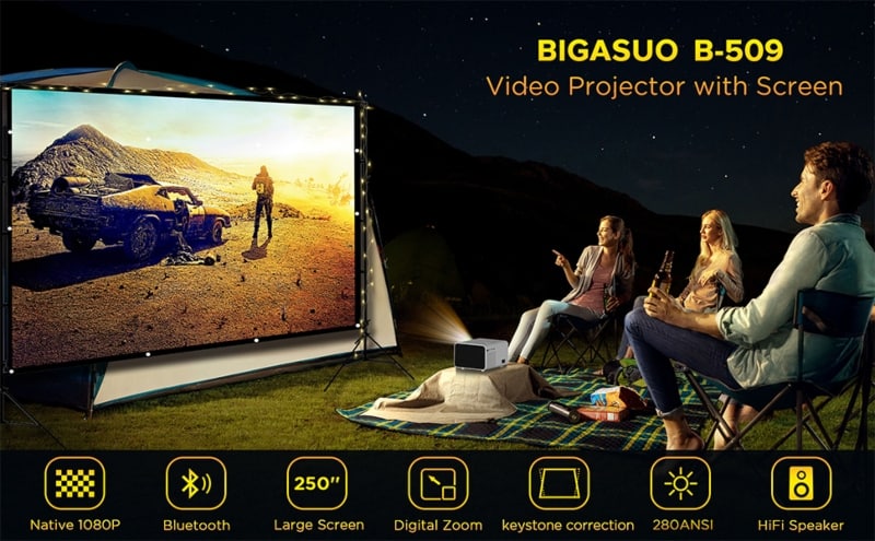 Portable Camping Movie Projector BIGASUO Mini Video Projector