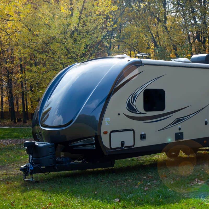 Exterior photo of a fiberglass travel trailer