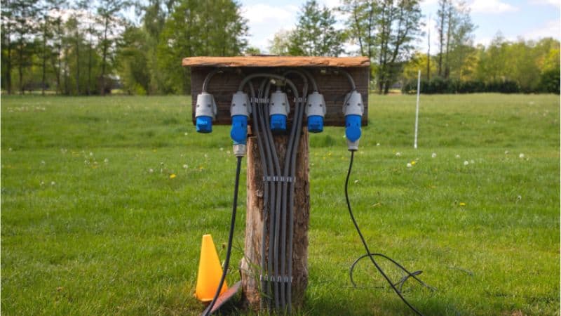 Campground power pedestal with multiple power cords connected