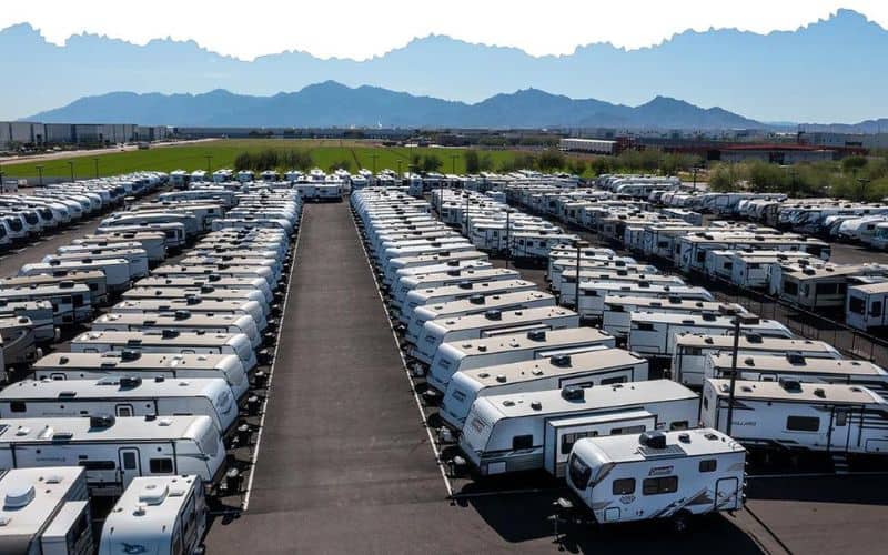 RV lot with rows of RVs for sale
