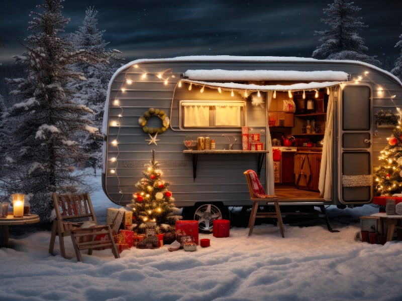 Small travel trailer decorated for Christmas in the snow