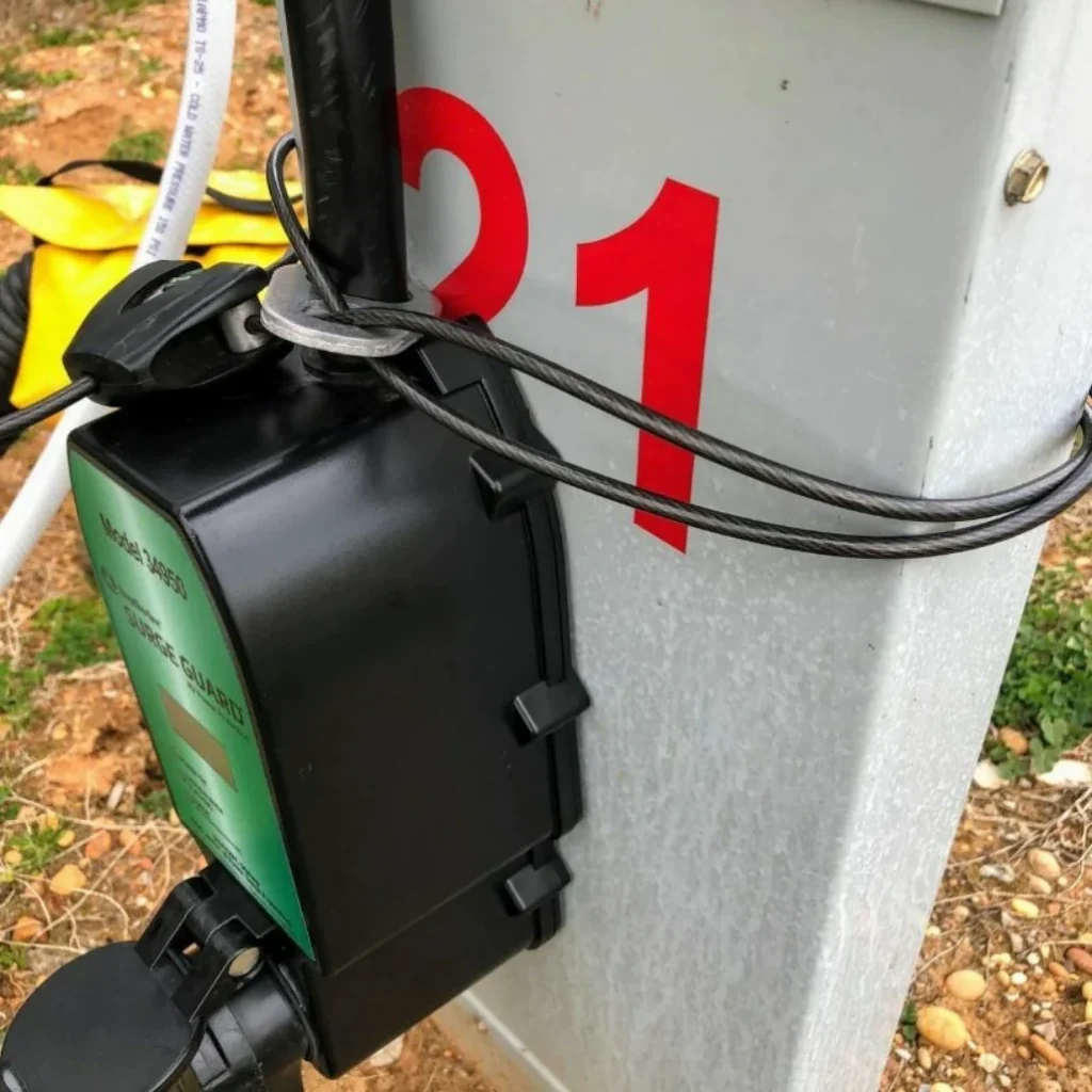 RV surge protector plugged into campground power with a lock on it