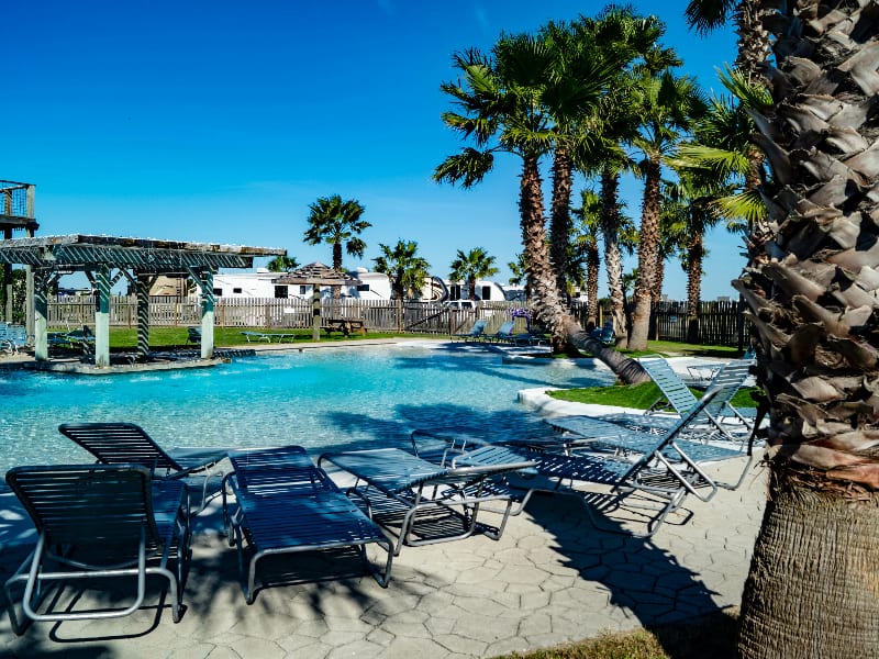 Pool with loungers along the side - RV part vs RV resort